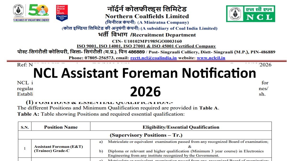 NCL Recruitment 2026 Notification Out for 270 Post NCL Recruitment